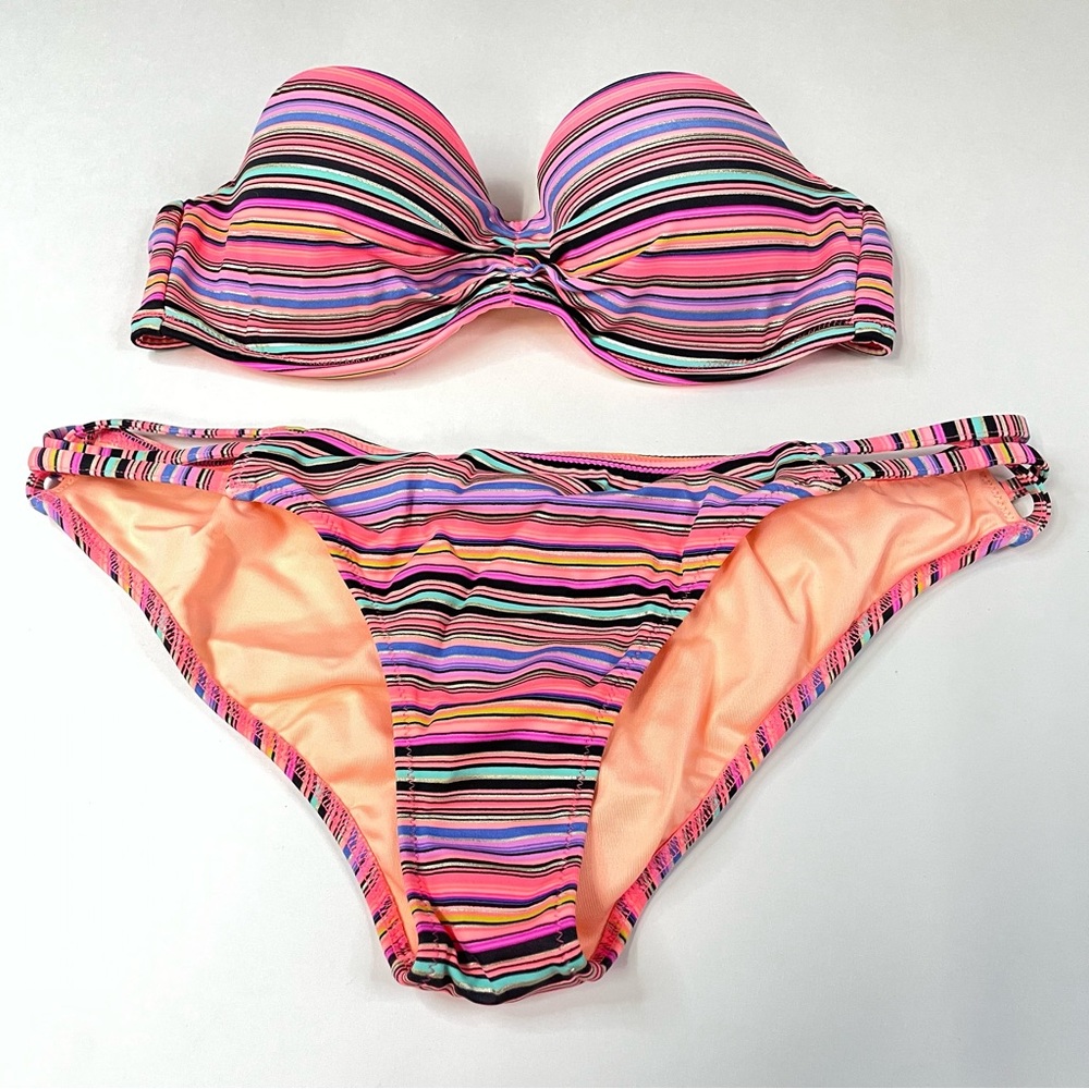 Victorias Secret Bikini Set 32B Flirt Bandeau Medium Strappy Cheeky 8KP #1290